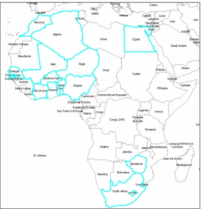 Fig. 3.2 : Carte géographique de l’Afrique : en bleu les pays qui ont répondu favorablement  au questionnaire