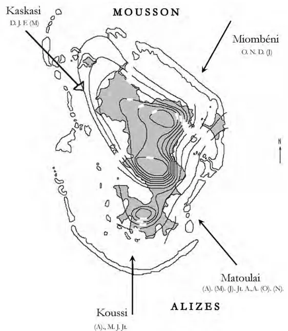 Figure 2.2 : Direction des vents dominants sur l’île de Mayotte durant les deux principales saisons : saison des  pluies (mousson) et saison sèche (alizé), (D’après RAUNET, 1992 dans Besson, 2005)