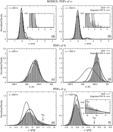 Figure 1.3 – Exemples de PDFs de la vitesse verticale w, de la température potentielle de l’eau