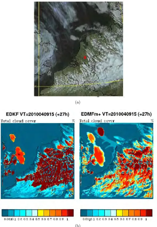 Figure 1.5 – (a) Image satellitaire fourni par MSG (Meteosat Second Generation) pour la journée du 9 avril 2010 à 1500UTC au-dessus des Pays-bas, le carré rouge symbolise le site de Cabauw