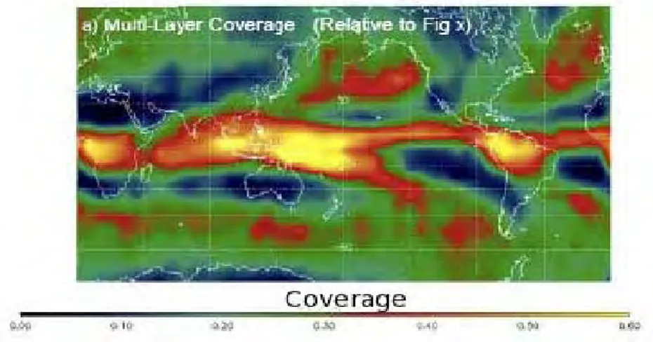 Figure 2.2 – Couverture à multiples couches nuageuses obtenue à partir de la combinaison des données CLOUDSAT et CALIPSO (période juillet 2006-Juin 2007)