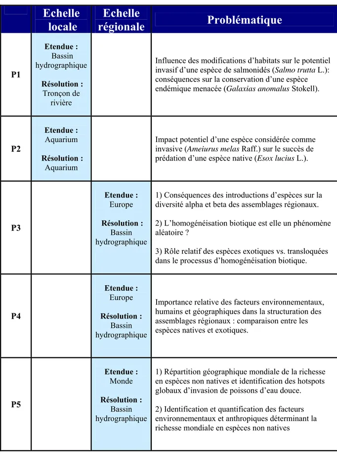 Tableau 1 : Problématiques et échelles spatiales abordées dans les différentes publications 