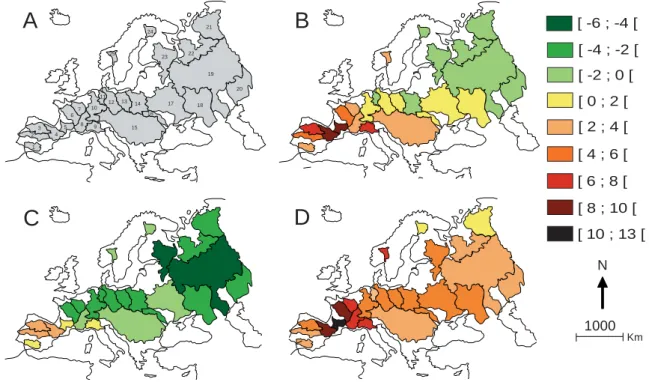 Figure 6: Distribution géographique du taux d’homogénéisation/différentiation par  bassin hydrographique (Basin ΔCS %) (a) Carte des 25 principaux basins hydrographiques 
