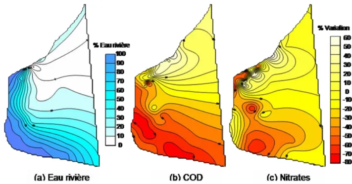 Figure II.4. Pourcentages en eaux de surface dans la zone d’interface et variations des  concentrations de carbone organique dissous et nitrates