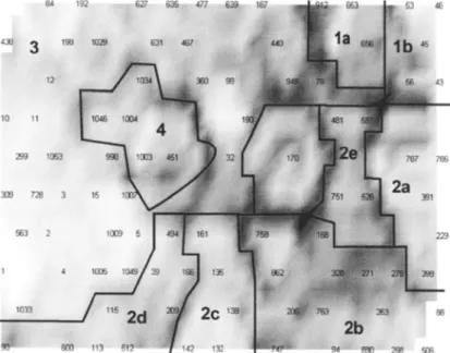 Figure 9.  Représentation selon la méthode U-Matrix de la distribution des stations d’échantillonnage dans la carte de 