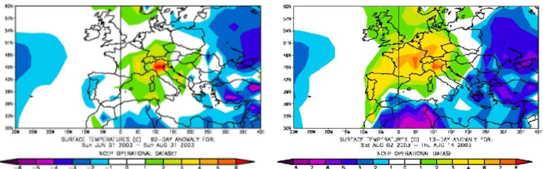 Fig. 1.4 – Anomalie de la temp´ erature de l’air ( °C) pour : (a) l’´ et´ e (1 Juin 2003 au 31 Aoˆ ut 2003).