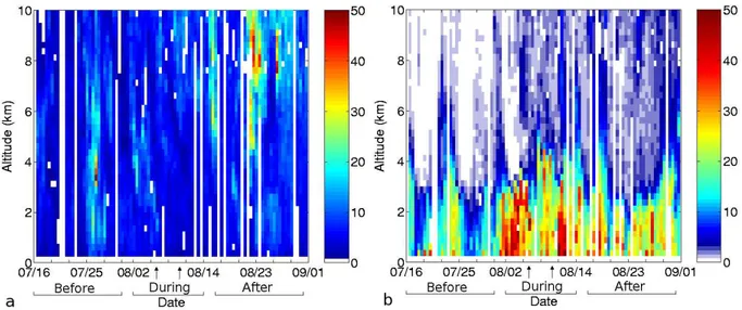 Fig. 10. Time series of vertical profiles of (a) North-American and (b) European FLEXPART anthropogenic CO tracer over Frankfurt.
