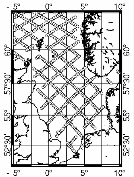 Figure C.2: Tracks of the simulated wide swath altimeter over the study domain. The black  square is Point 1