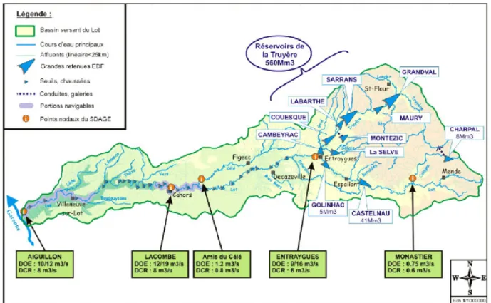 Figure 1.2 : Schéma hydrologique simplifié du bassin versant du Lot. Source : « Entente Interdépartementale du  Bassin du Lot »