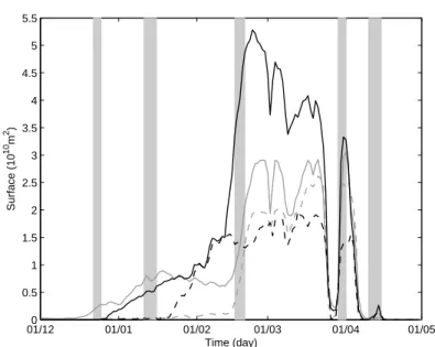 Fig. 7.7 – Convection surface (10 10 m 2 ) in the MEDOC area. Grey lines : EROM. Black lines : EPOM