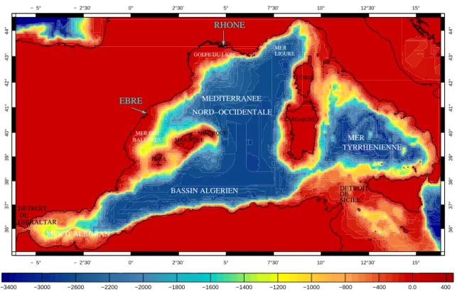 Fig. 2.1 – Topographie de la Méditerranée occidentale