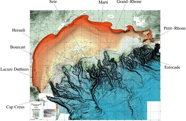 Fig. 2.4 – Carte morpho-bathymétrique du golfe du Lion [Berné et al., 2002] et noms des principaux canyons.