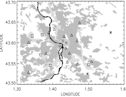 Figure 1a:  Surface network emplacement. The diamonds, triangles, squares and asterisks corresponds to urban,  