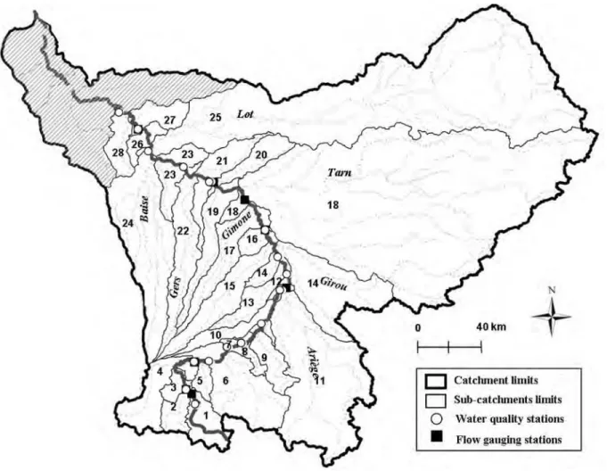 Fig. 1. Garonne catchment boundaries and reach/subcatchment structure defi ned for the INCA application (1991–2005).