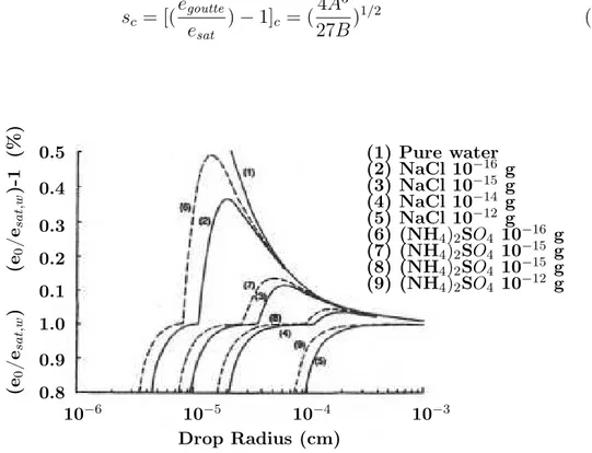 Figure 2.2 – Variation de la pression de vapeur d’eau au-dessus d’une solution aqueuse pour des particules de NaCl (solide) et de (NH 4 ) 2 SO 4 (pointillé) en fonction du rayon humide de la particule, figure tirée de Pruppacher et Klett (1997).