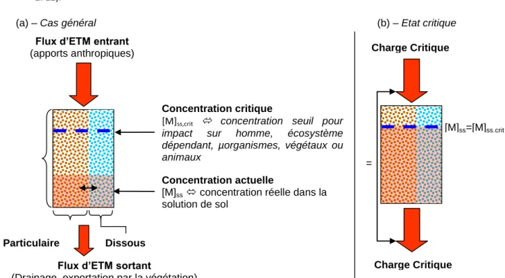 Figure  2.  12.  Bilan  pour  l’horizon  de  sol  considéré  pour  l’établissement  des  charges  critiques.(  Mss=  Concentration du métal M dans la solution de sol Mss,crit = concentration critique dans la solution de sol)