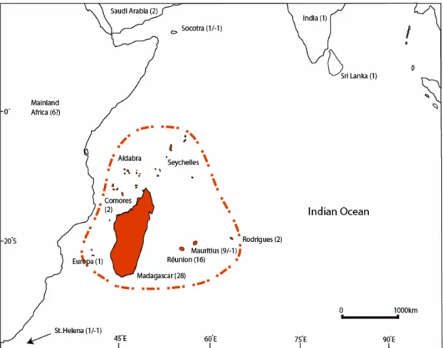 Figure 2.1 The Madagascar and Indian Ocean Islands Biodiversity Hotspot (dash-dot line) and the distribution  and number of species of Psiadia (negative values indicate recorded extinctions of putative members of the  genus)