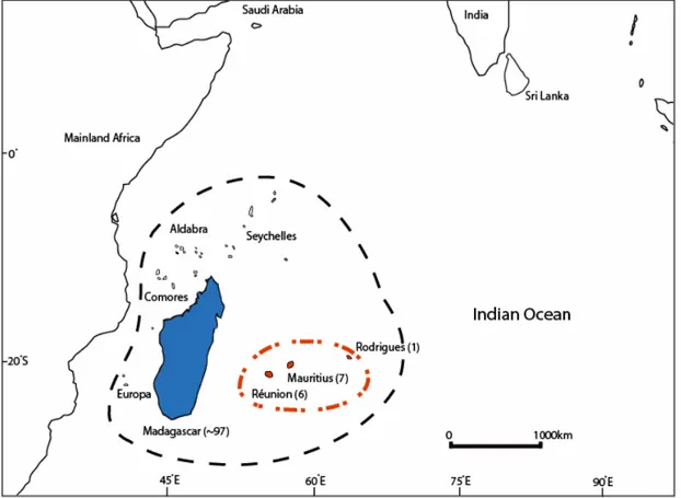 Figure 5.1 Map showing the distribution of Oncostemum  (blue),  Badula  (red, dot-line) and the extent of the  Madagascar and Indian Ocean Islands biodiversity hotspot (black dashed line)