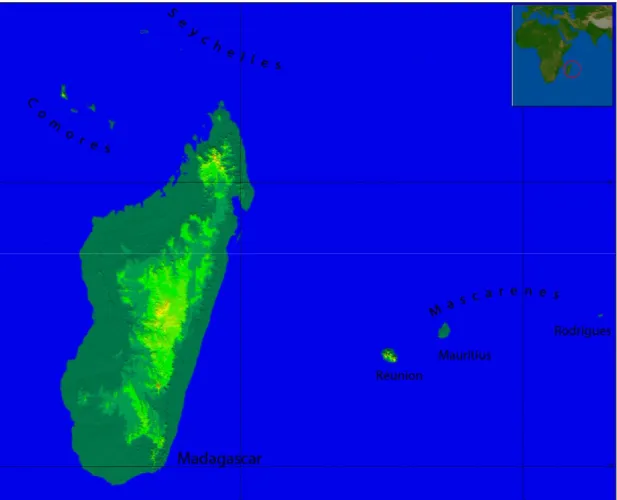 Figure 1.1 The Madagascar and Indian Ocean Islands Biodiversity Hotspot. Colours show altitudinal range  (lowlands - dark; upland - light)