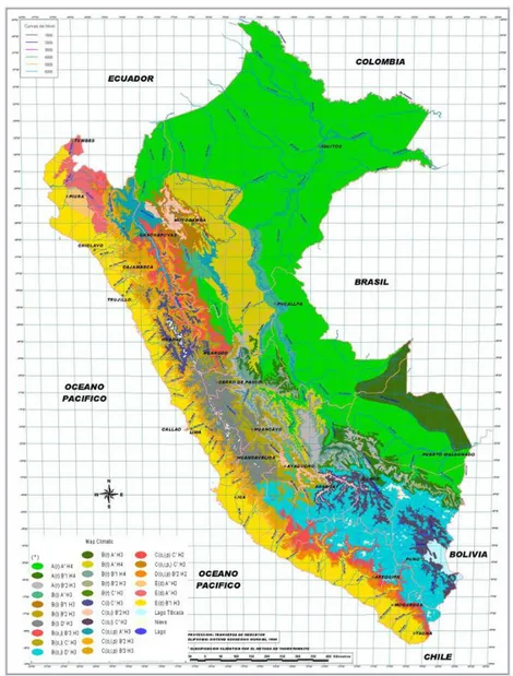 Figure  I-2.  Classification climatique du Pérou en utilisant la classification de Thornthwaite (d’après  SENAMHI, 2005