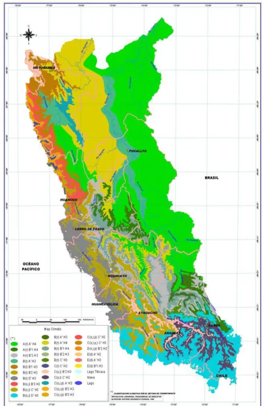 Figure  II-2.  Classification climatique des bassins Ucayali et Huallaga en utilisant la classification de  Thornthwaite (d’après SENAMHI, 2005, voir Tableau I-1)