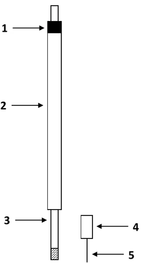 Figure II-4 : Schéma de montage des amenées de courant et des électrodes  (1) colle époxy, (2) tube alumine, (3) tige Inconel, (4) embout graphite ou Inconel, 