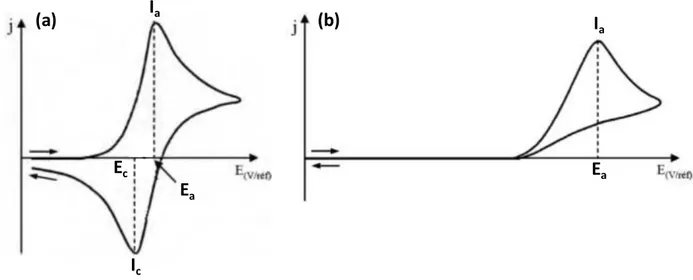Figure II-8 : Allure d’un voltammogramme dans le cas d’un système réversible (a) et  irréversible (b) 