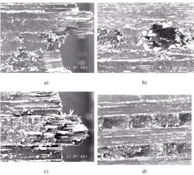 Fig. 1.1.18: Damage of multi-directional specimen with H13A tool for Vc = 60 m/min, f = 0.2 mm: a)  interface 45°/90°/135° for γ= 15°; b) interface 0°/135°/0° for γ = 15°; c) interface 0°/45°/0° for γ = 15°; d) 