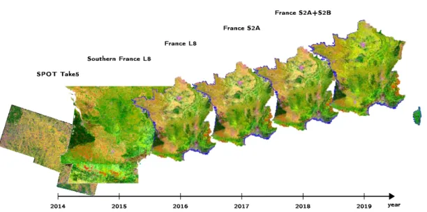 Figure 1.8: Occupation des SOls (OSO) land cover maps have been produced and distributed since the year 2017