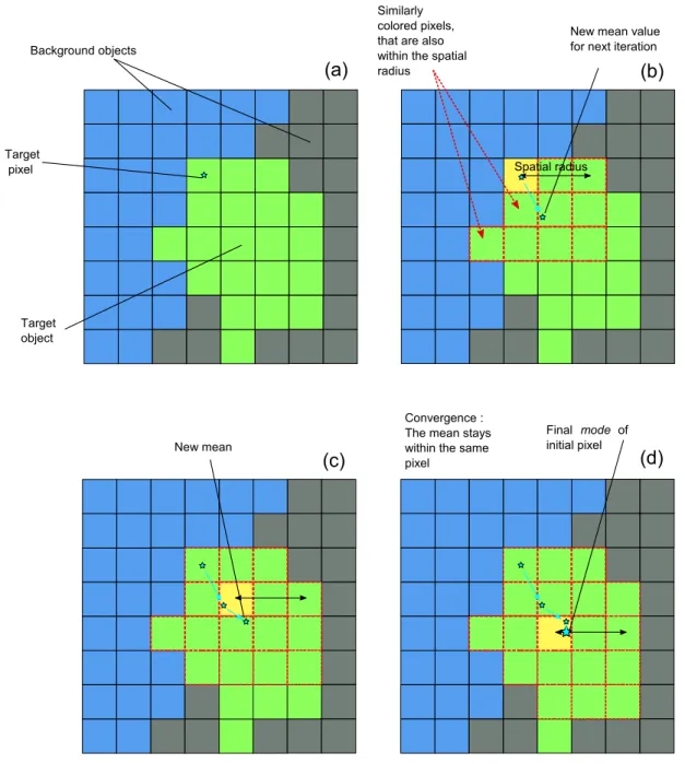 Figure 4.3: Steps of the mean shift process, applied to a grid of pixels. (a) The target pixel is marked with a blue star