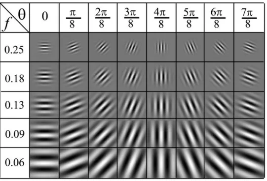 Figure 5.6: A bank of Gabor ﬁlters, commonly used in image analysis. Each ﬁlter is characterized by a spatial frequency f , and an orientation θ