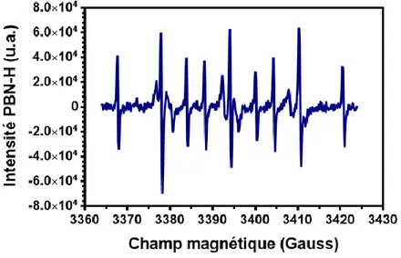 Figure 4-4 Exemple de spectre RPE complexe. Spectre obtenu après exposition d'une solution de PBN au jet plasma
