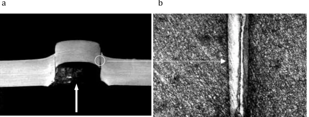 Fig. 1.4 a) Impacted amour steel plate b) Adiabatic shear band containing ultimate crack