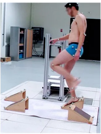 Figure 3.1: Overview of the experimental setup during a recording session. A participant is asked to achieve a challenging locomotion task while using the handlebar to help himself.