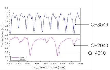 Fig. 1.10 :  Caractéristiques en transmission des disques de 250 μm de diamètre (haut, courbe bleue) et de 75 μm 