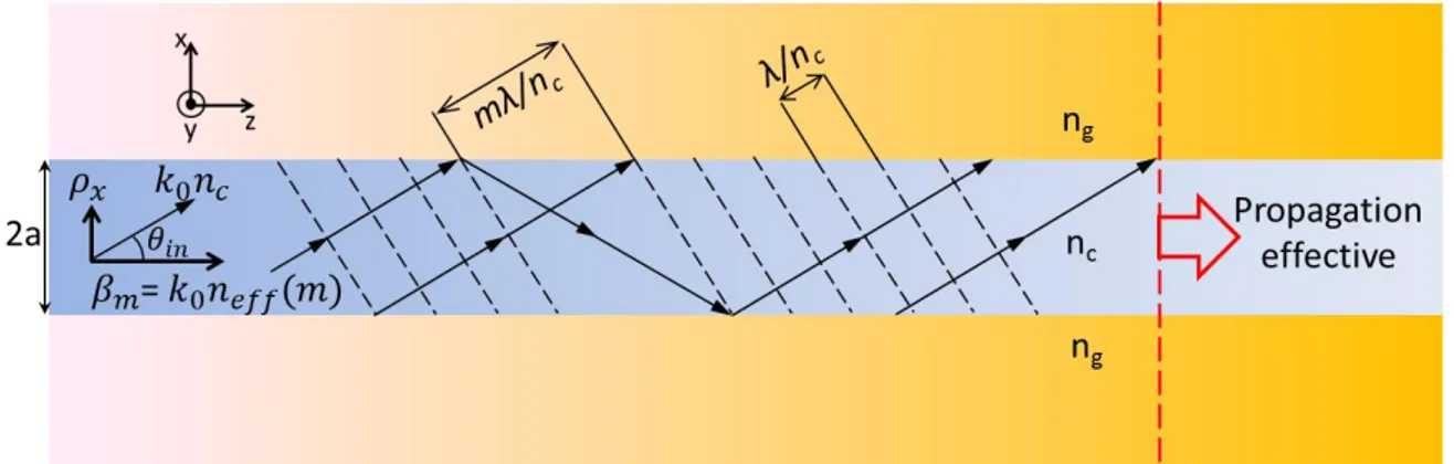 Fig  2.1  Schéma  des  réflexions  totales  internes  des  rayons  lumineux  et  des  fronts  d’ondes  perpendiculaires 