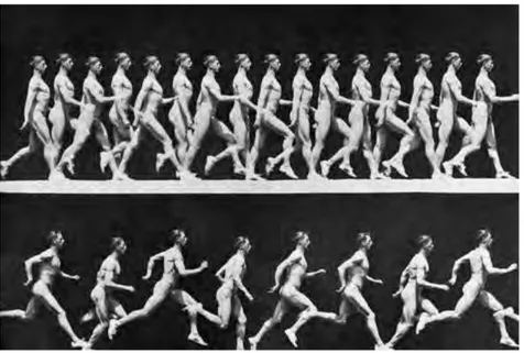Figure 1.7: Chronophotography of human motions. Superimposition of several photographies of a man walking and running, late 19th century.