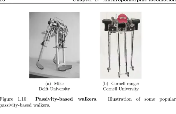 Figure 1.10: Passivity-based walkers. Illustration of some popular passivity-based walkers.