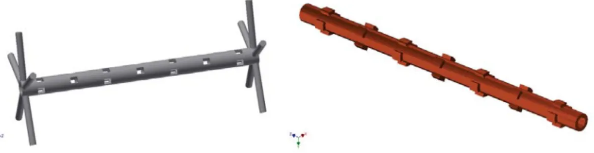 Figure III.6: Water circulation (in grey) and copper tube design (in red) of 100mm segment of the condenser.