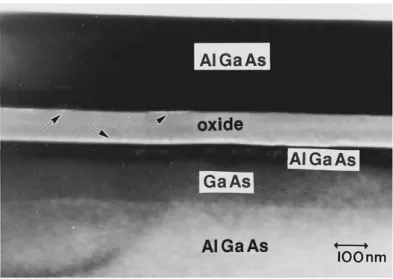 Figure I.14 : Vue en coupe d’une couche d’oxyde amorphe par microscopie électronique en transmission, les flèches  indiquent la position des pores (Guha, et al., 1996) 