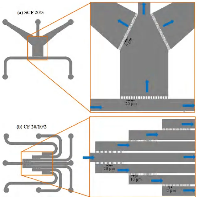 Figure 2.7: Configurations of chips designed for fractionation by cascading cross-flow  separation mechanisms