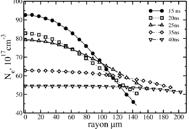 Figure III.1.6 Profil radiaux des densités électroniques dans les premiers instants de la phase d’arc, z=1.5mm [51]