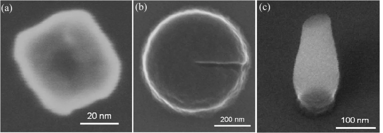 Figure  0.4.  Premier  essai  d’exposition  de  la  HSQ :  (a  et  b)  Images  MEB  en  vue  de  dessus  du  résultat  d’exposition  avec  le  mode  circulaire  classique  pour  un  petit  et  grand  diamètre  des  nanofils  respectivement, (c) image MEB e