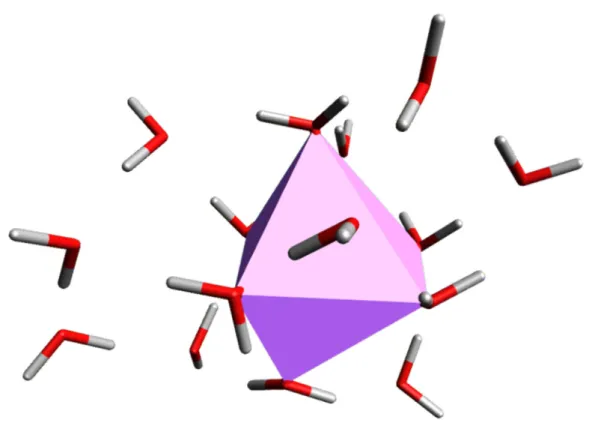 Figure  III.4:  Optimized  structure  of  Na +   surrounded  by  15  water  molecules,  with  its  coordination structure: an octahedral form