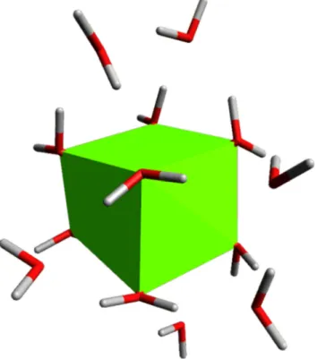 Figure  III.7:  Optimized  structure  of  Ca 2+   surrounded  by  14  water  molecules,  with  its  coordination structure: a square antiprismatic