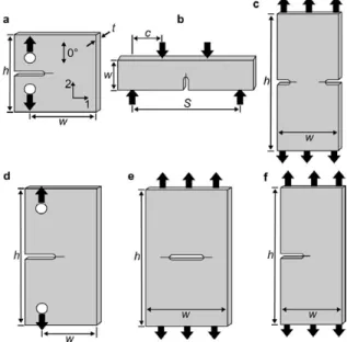 Figure I.26 – Configurations expérimentales utilisées pour la mesure du taux de restitution d’énergie trans- trans-laminaire : (a) CT, (b) Flexion 4 points, (c) « Double Edge Notched Tension » (d) « Extended CT » (ECT), (e) « Centre Notched Tension » et (f) « Single Edge Notched Tension » [ Laffan et al., 2012b ].