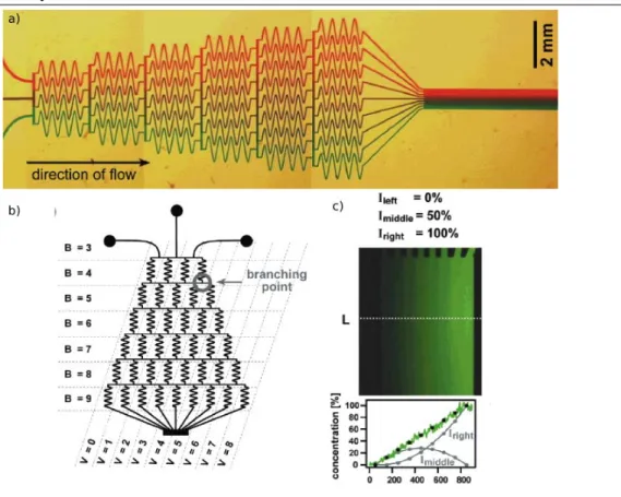 Figure 2.20  a)Photo de la puce microuidique permettant la réalisation des gradients, b) schéma électrique du système c) exemple de gradient linéaire [27]