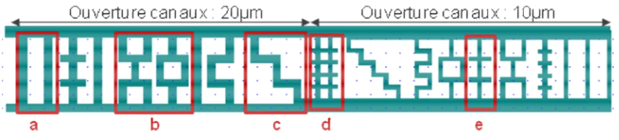 Figure II-4 : Détails de la géométrie Ftest avec a : les canaux droits, b : un  écoulement du type quinconces, c : en escaliers, d : les canaux dit Petits Plots et e : 