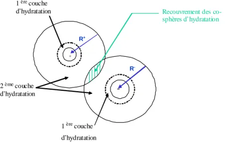 Figure I.1 : Illustration du recouvrement des co-sphères d’hydratation lors d’une interaction  entre un anion (R - ) et un cation (R + )