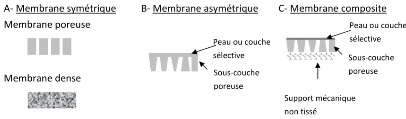Figure I-9 : Schéma de la structure des membranes symétriques, asymétriques et composites 